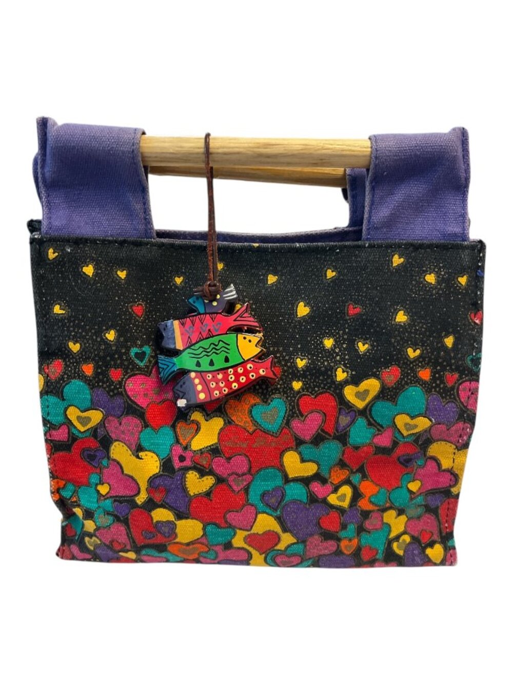 Laurel Burch Hearts & Cats Fabric Organizer Tote Basket Wooden Handles